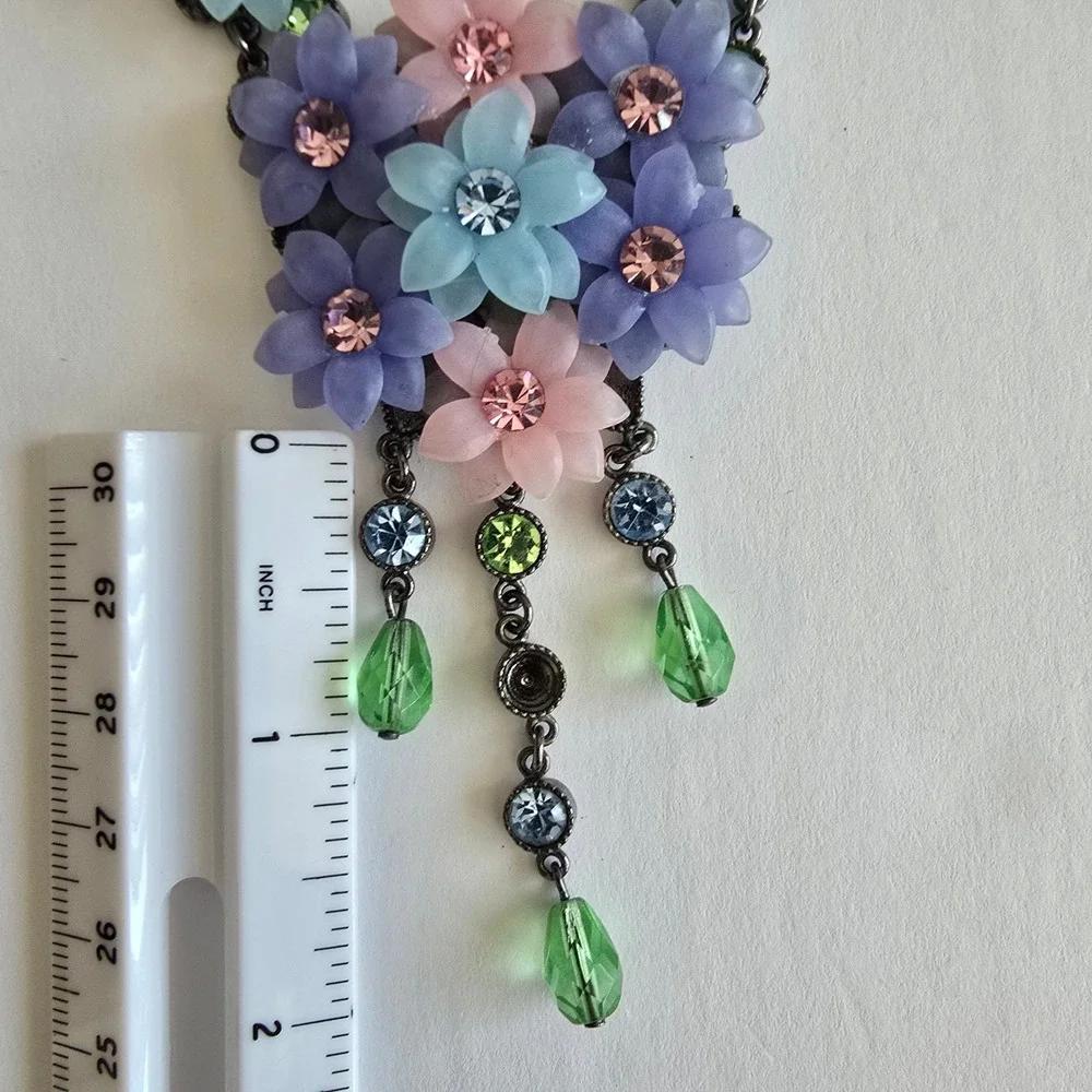 Floral Bib Necklace Earring Set Pastel Resin Flowers Gunmetal Rhinestone Jewelry